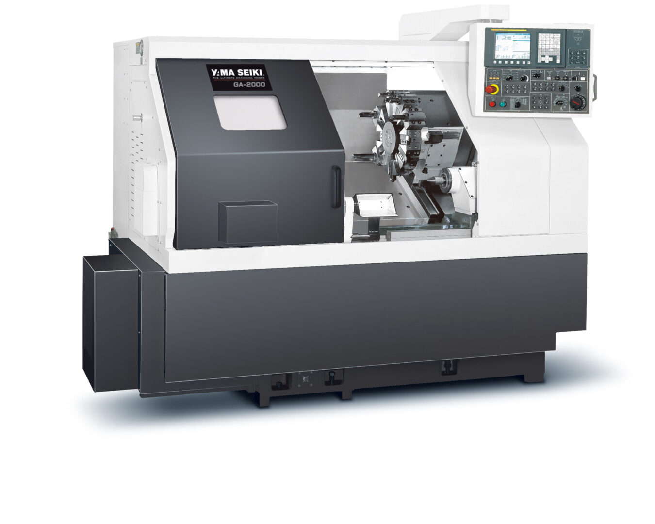 CNC lathe machine with digital control panel.