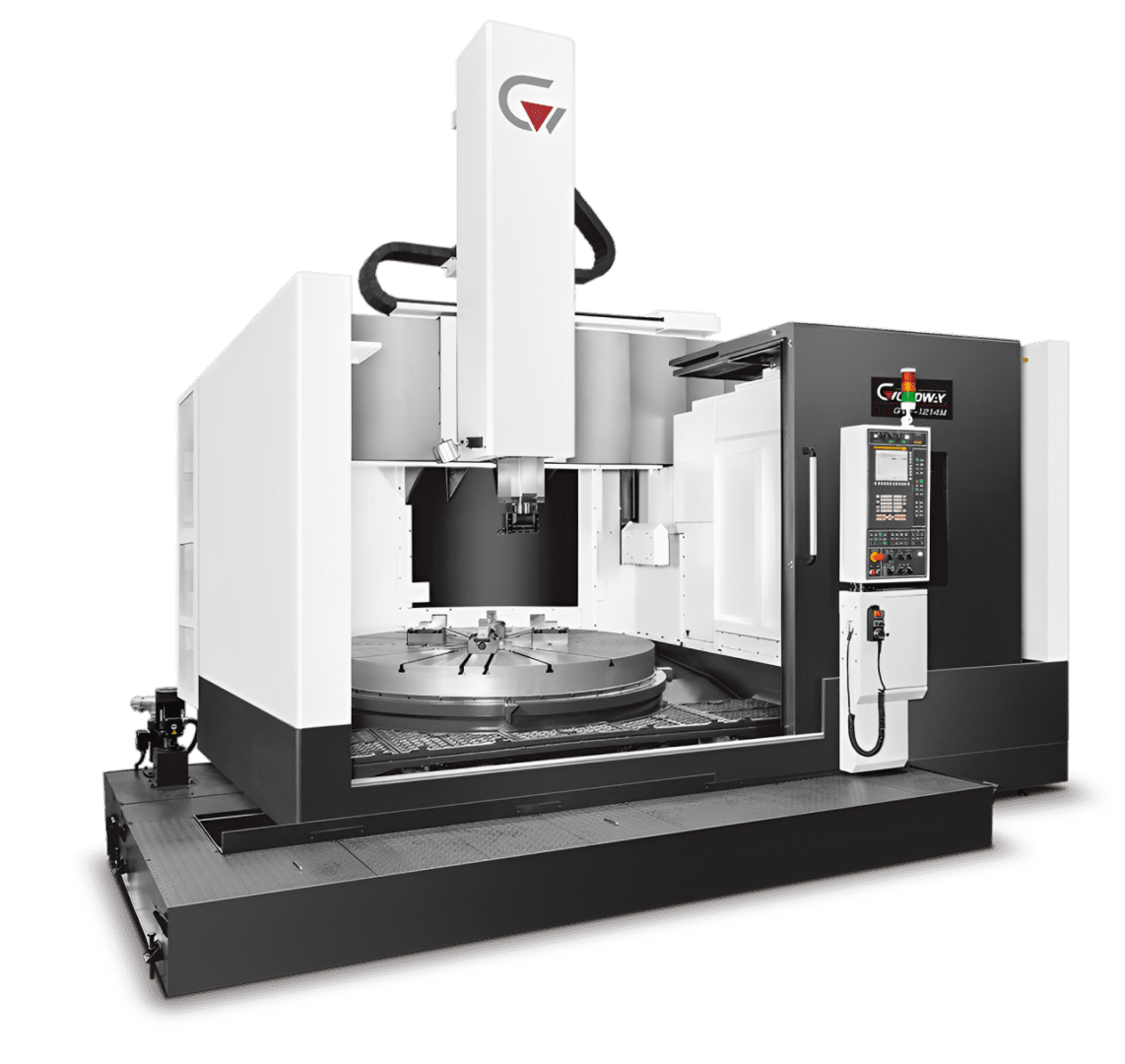 Industrial CNC machine on black background.
